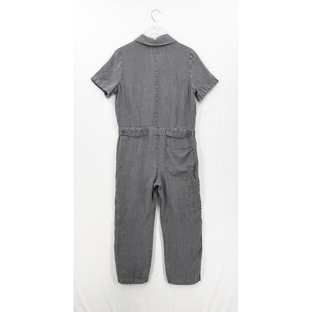 Zara Jumpsuit Women Extra Small Gray Utility 100% Linen Short Sleeve Button Up - Picture 6 of 16